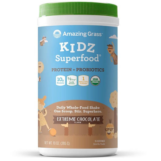Amazing Grass Kidz Superfood: Vegan Protein & Probiotics for Kids with Beet Root Powder & 1/2 Cup of Leafy Greens, Extreme Chocolate, 15 Servings