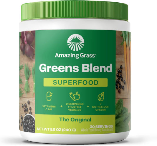 Amazing Grass Greens Blend Superfood: Super Greens Powder Smoothie Mix for Boost Energy ,with Organic Spirulina, Chlorella, Beet Root Powder, Digestive Enzymes & Probiotics, Original, 30 Servings